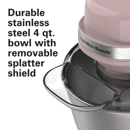 Hamilton Beach 4 Quart Stand Mixer for Kitchen, 7 Speeds, Tilt-Head, Dough Hook, Whisk & Flat Beater, White