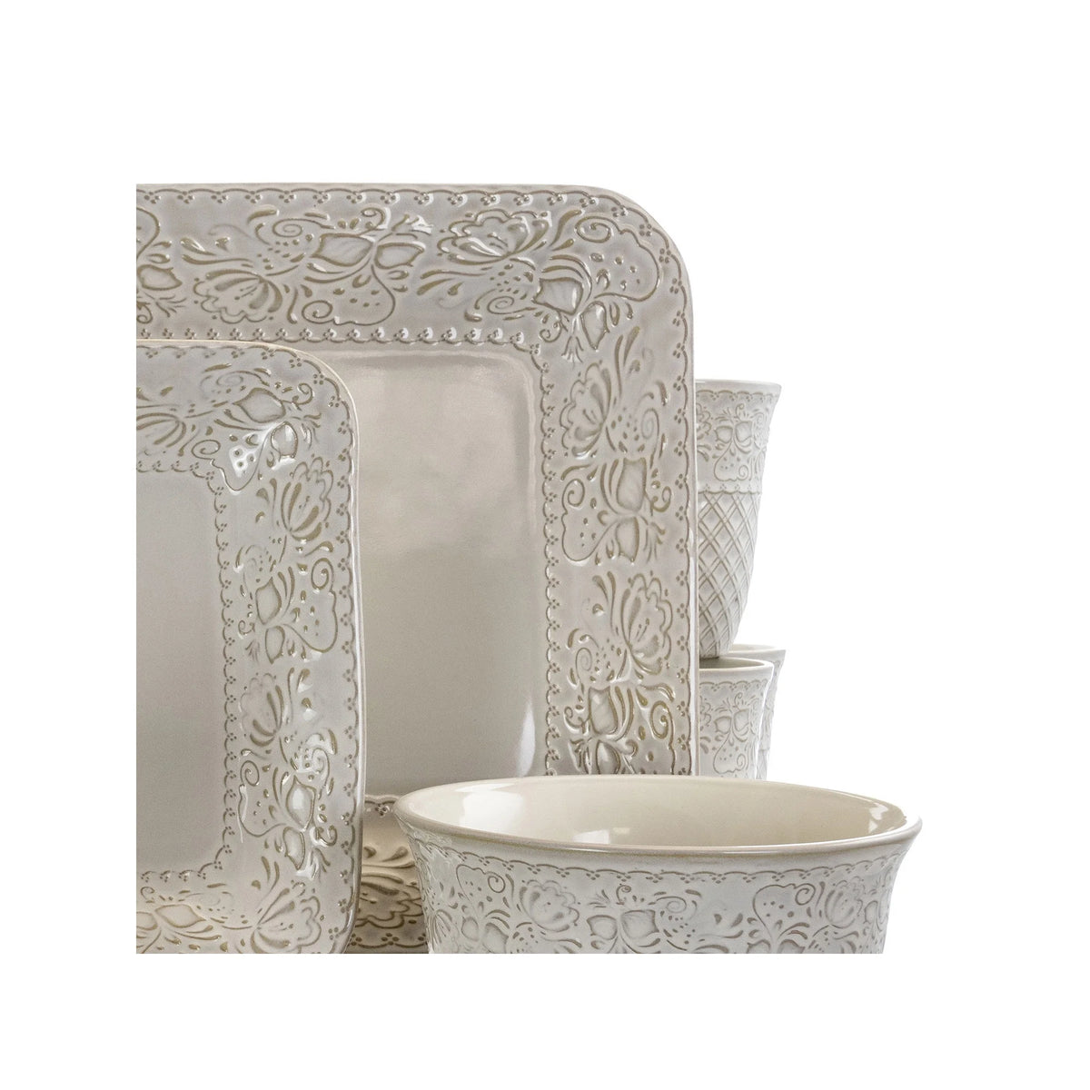 Elama Ivory Lotus 16 Piece Square Dinnerware Set