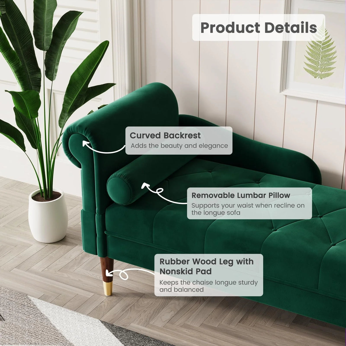 Chaise Lounge Indoor,Vesgantti 59" Velvet Modern Lounge Chair Upholstered with Arm Lumbar Pillow Sofa Chair for Living Room Office,Green