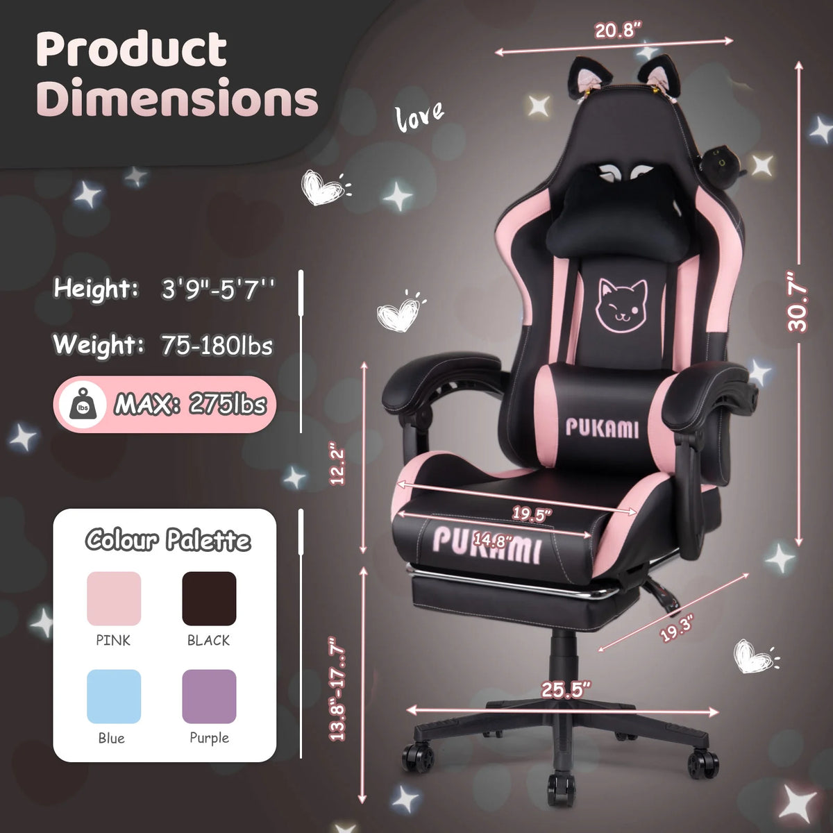 Waleaf Pink Gaming Chair with Cat Paw Lumbar Cushion and Cat Ears for Girls, Reclining Office Computer Chair with Footrest for Adults, Teens