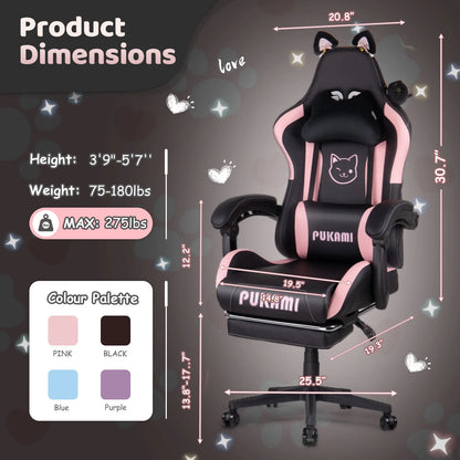 Waleaf Pink Gaming Chair with Cat Paw Lumbar Cushion and Cat Ears for Girls, Reclining Office Computer Chair with Footrest for Adults, Teens