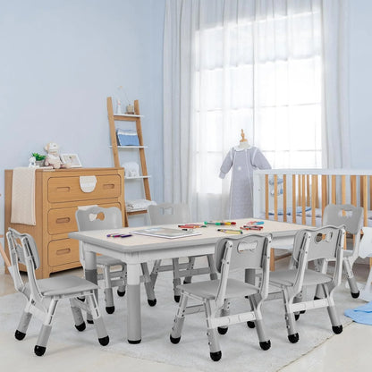 Arlopu Adjustable Kids Table and 6 Chairs Set, Toddler Play Activity Table Set with Graffiti Tabletop, Preschool Kids Furniture Table Set for Reading, Drawing, Eating