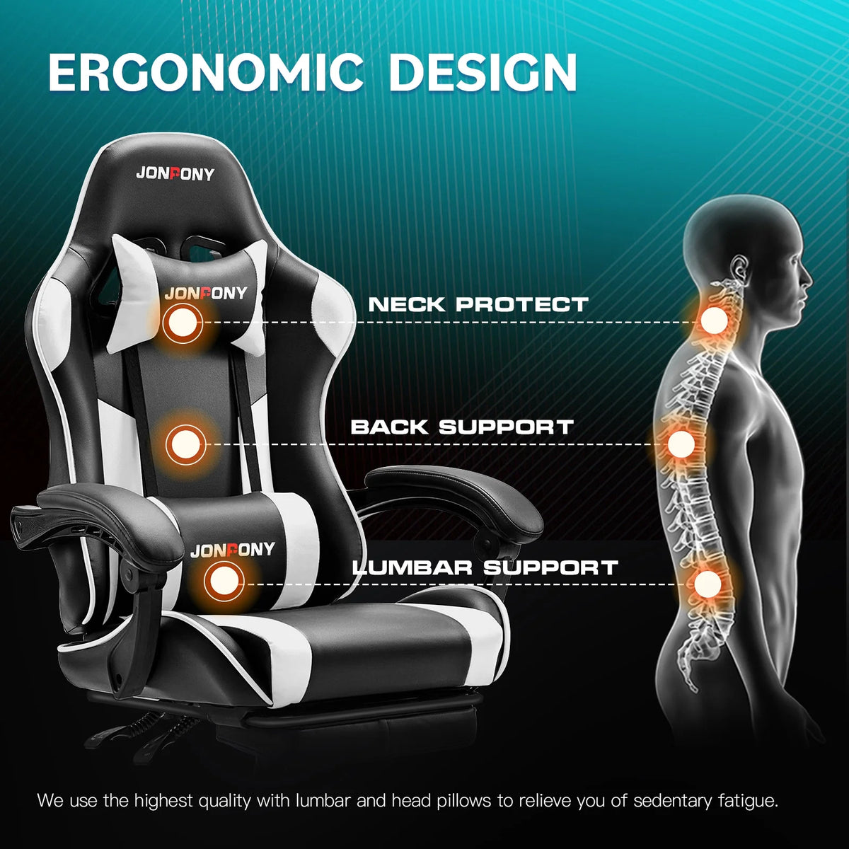 JONPONY Big and Tall Gaming Chair, Ergonomic Design, Gamer Chair PU Leather with Footrest and Lumbar Support, High Back Office Chair Support 8 Hours Long Sitting, Computer Chair,Black Grey