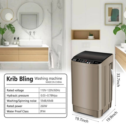 Krib B Full Automatic Washing Machine with Drain Pipe, 17.7 lbs Portable Washers with 10 Programs & 8 Water Levels, Suitable for Apartment, Dorm, Grey