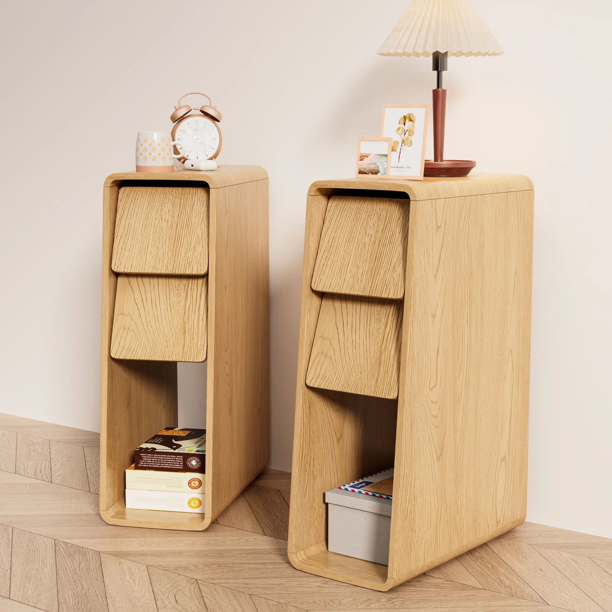 Narrow Nightstand Set of 2 with Drawers, Fluted Slim Side End Table with Storage for Small Spaces