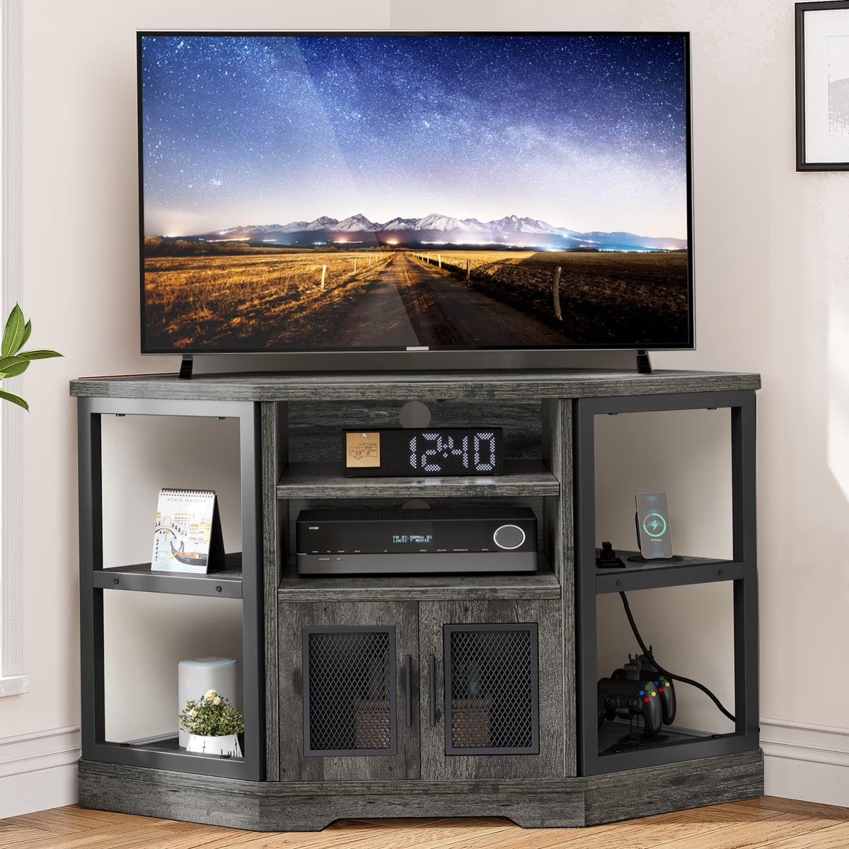 Dextrus Farmhouse Corner TV Stand for TVs up to 55 inch with Power Outlet, Wood Entertainment Center, TV Media Console with Storage, White Oak