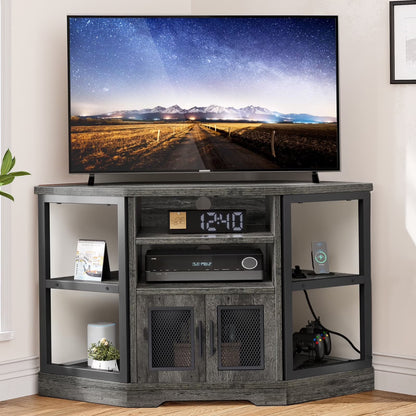 Dextrus Farmhouse Corner TV Stand for TVs up to 55 inch with Power Outlet, Wood Entertainment Center, TV Media Console with Storage, White Oak