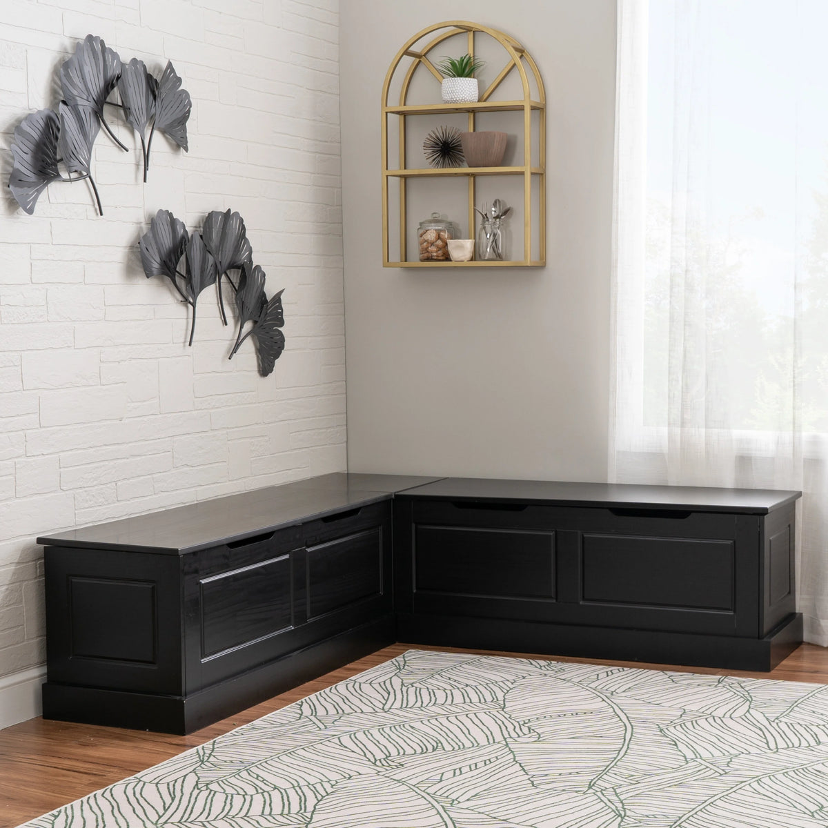 Linon Nook Bench Collection L-Shaped Wood Farmhouse Breakfast Bench with Hidden Storage, White