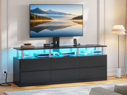 Afuhokles TV Stand with Mount and Power Outlet, TV Mount for up to 75 inch TVs, Modern LED TV Stand with 6 Drawers, Black