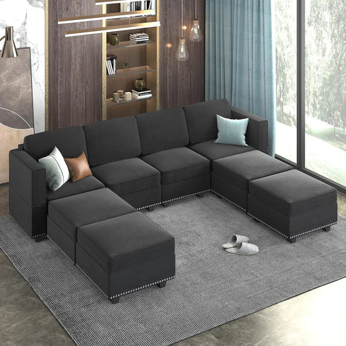 Mjkone Modular Sectional Sofa with Adjustable Armrest and Backrest for Living Room，U/L  Shaped Couch 8 Seater Convertible Sectional Couch with Storage Ottoman for Living Room,Dark Grey