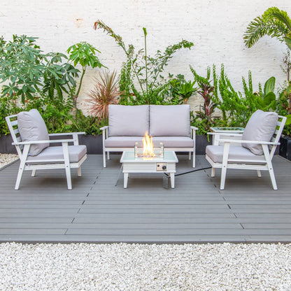 LeisureMod Walbrooke Modern Aluminum 5-Piece Patio Conversation Set with Outdoor Square Fire Pit Table with Slats Design & Side Table Tank Holder (Green)