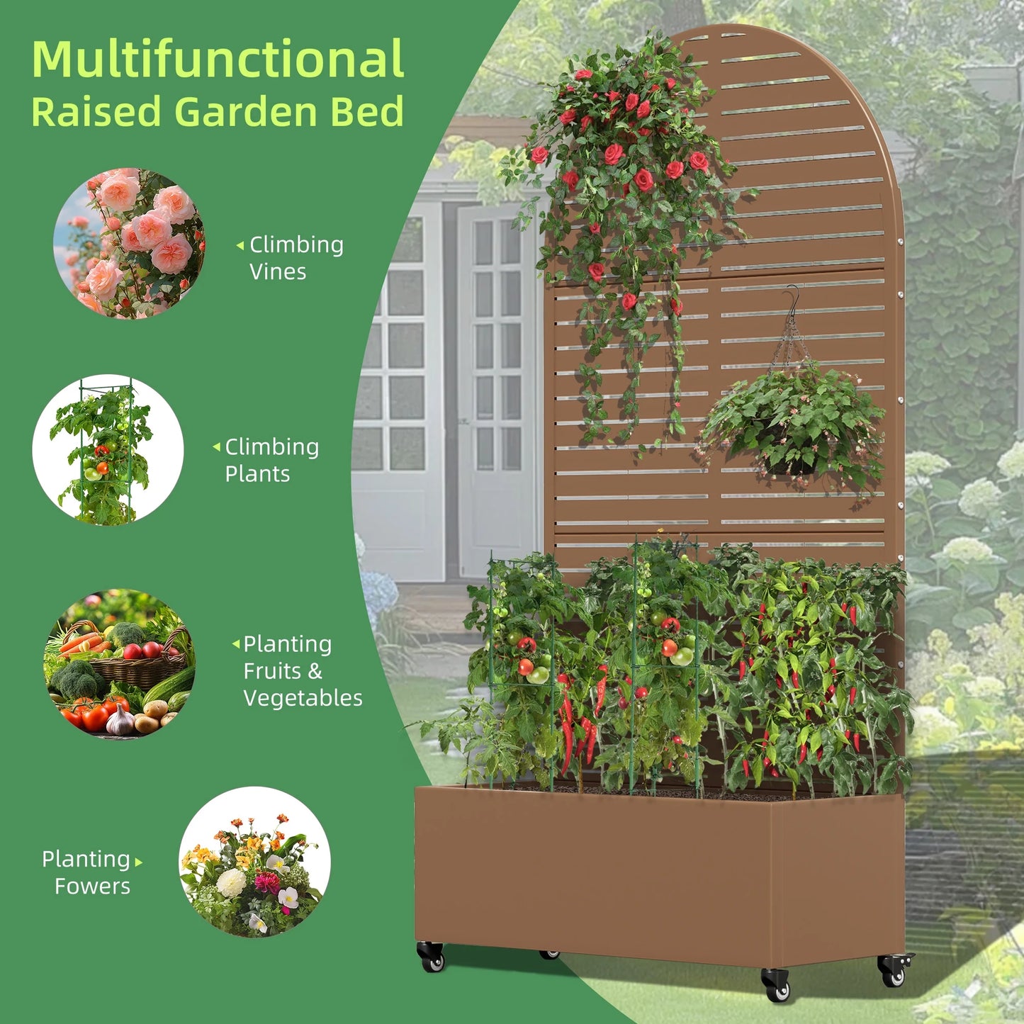 MAYEERTY 47*16*47"Outdoor White Metal Planter with Rect Louvered Climbing Trellis, Drainage hole & Wheels