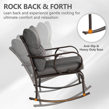 Outdoor Conversation Set of 3, Outdoor Patio Rocking Chair Set with Cushions & Coffee Table, All Weather Wicker Patio Furniture Set, Ideal for Patio, Poolside, Yard, Deck, Coffee Bar