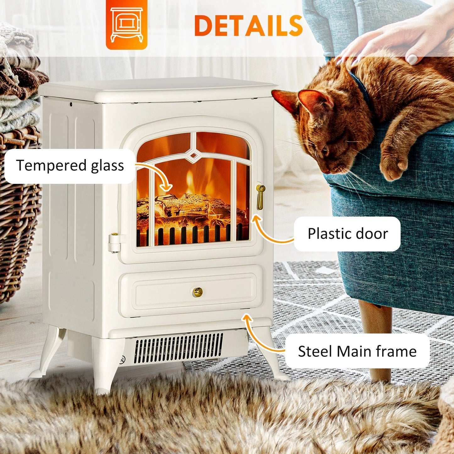 HOMCOM Electric Fireplace Heater with Realistic LED Flames Beige