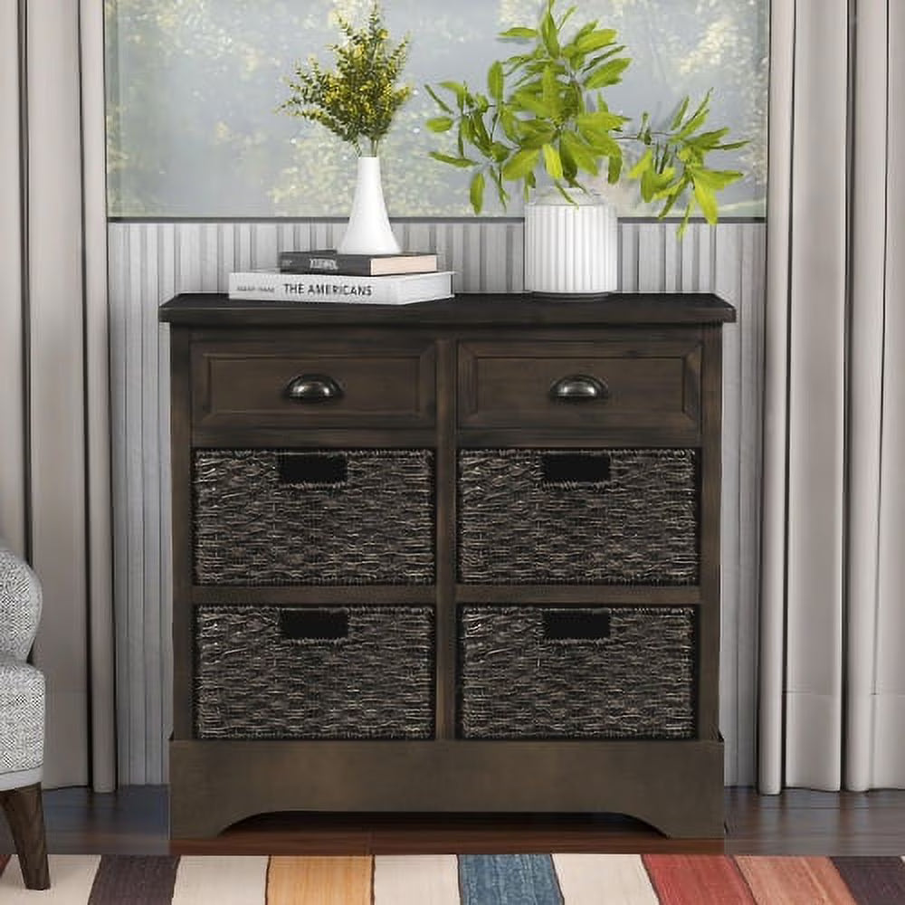 Rustic Storage Cabinet, Wood Accent Cabinet with 2 Drawers and 4 Rattan Baskets,Entryway Console Table Sofa Table for Living Room,Dining Room,White Washed