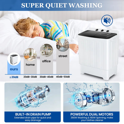 Qhomic Portable Washer 30lbs, 2-in-1 Twin Tub Washer & Dryer Combo Compact Semi-Automatic Washing Machine with Drain Pump, Black