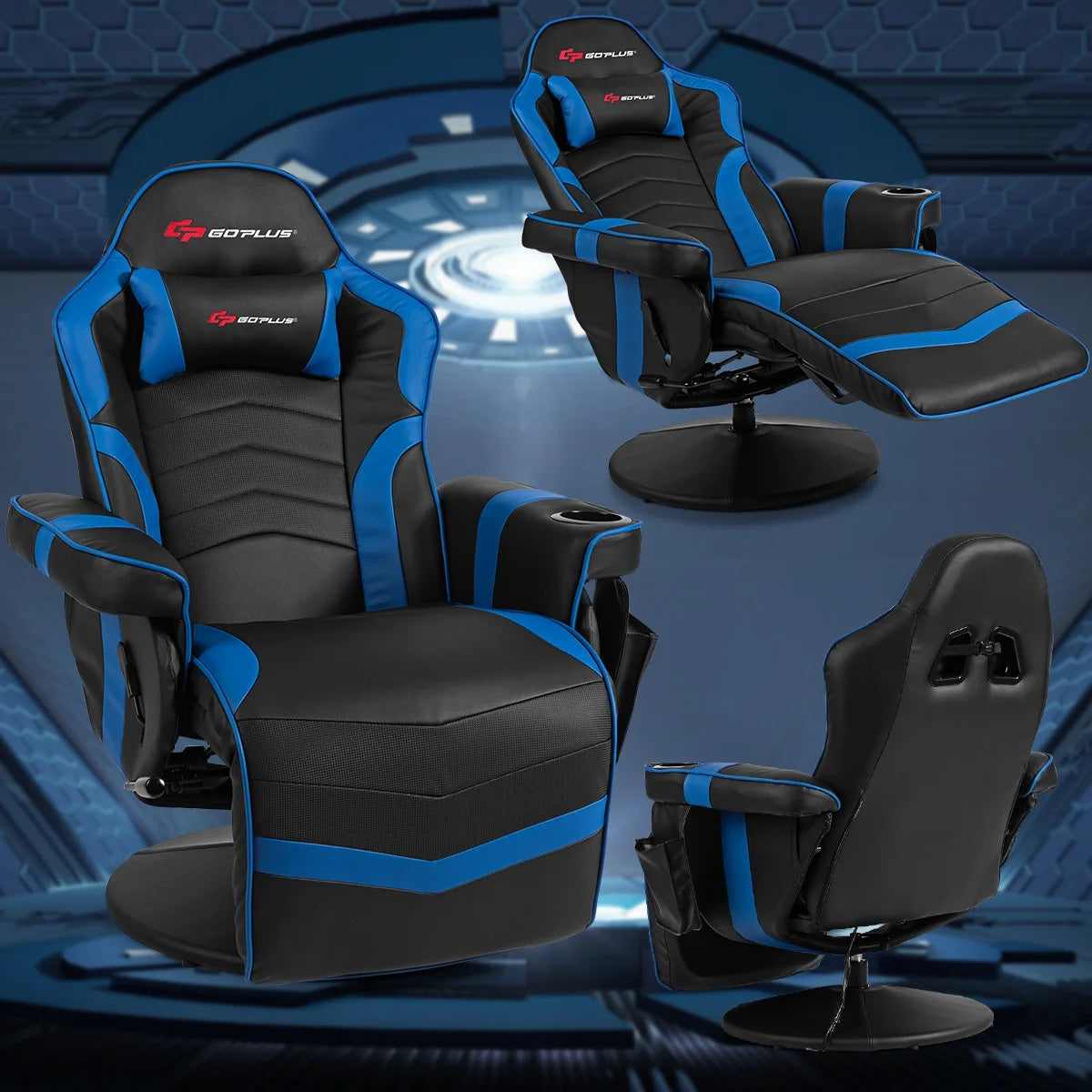 Goplus Massage Gaming Recliner Reclining Racing Chair Swivel Black