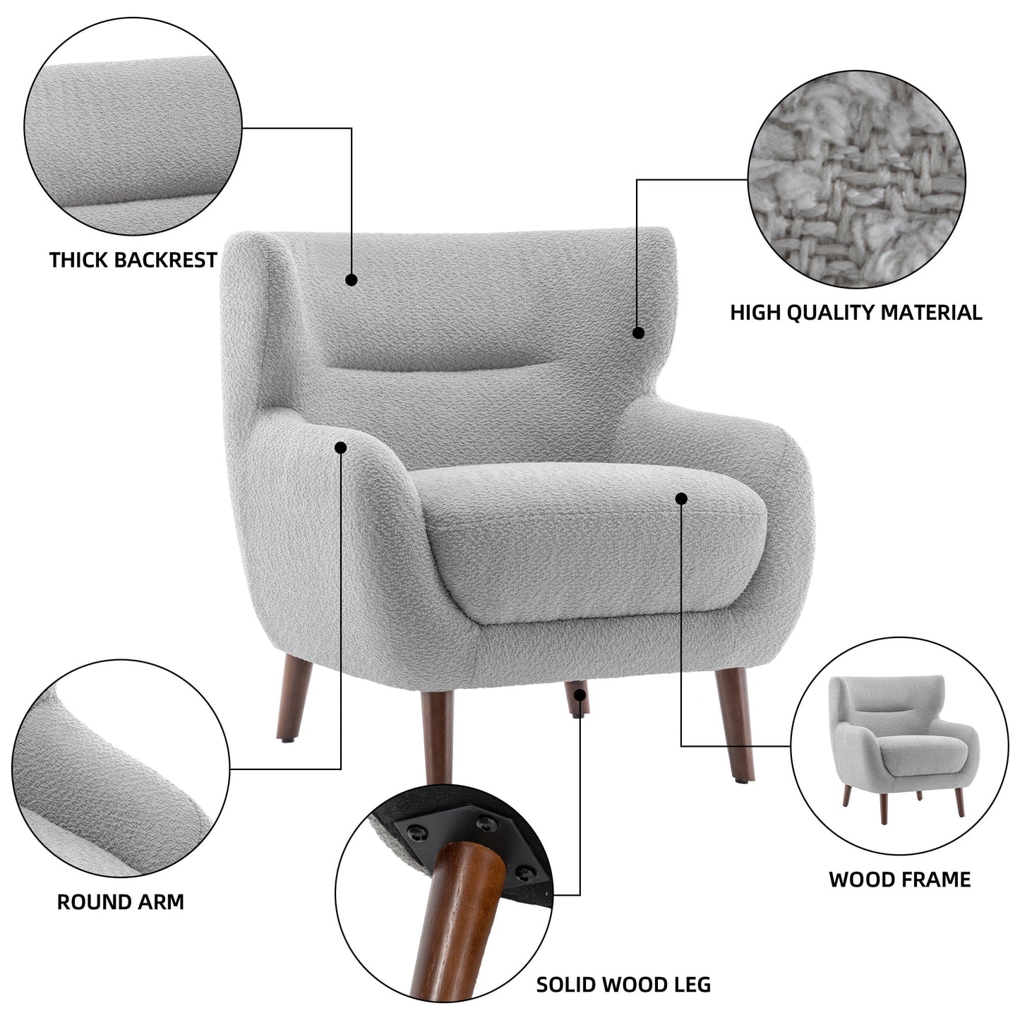 ALEAVIC White Accent Chair Upholstered Armchair with Solid Wood Legs