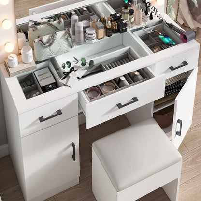 Ktaxon Large Makeup Vanity, Vanity Table Set w/ Visible Glass Top w/ Charging Station, White