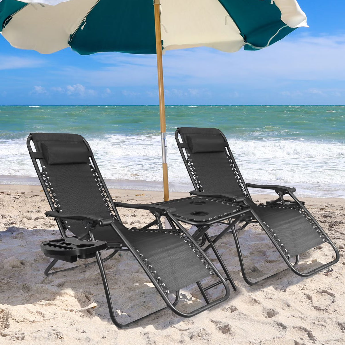 Vineego 3 Pieces Zero Gravity Chair Patio Foldable Chaise Lounge Chairs 2 Beach Chairs and Table with Cup Holders,Beige