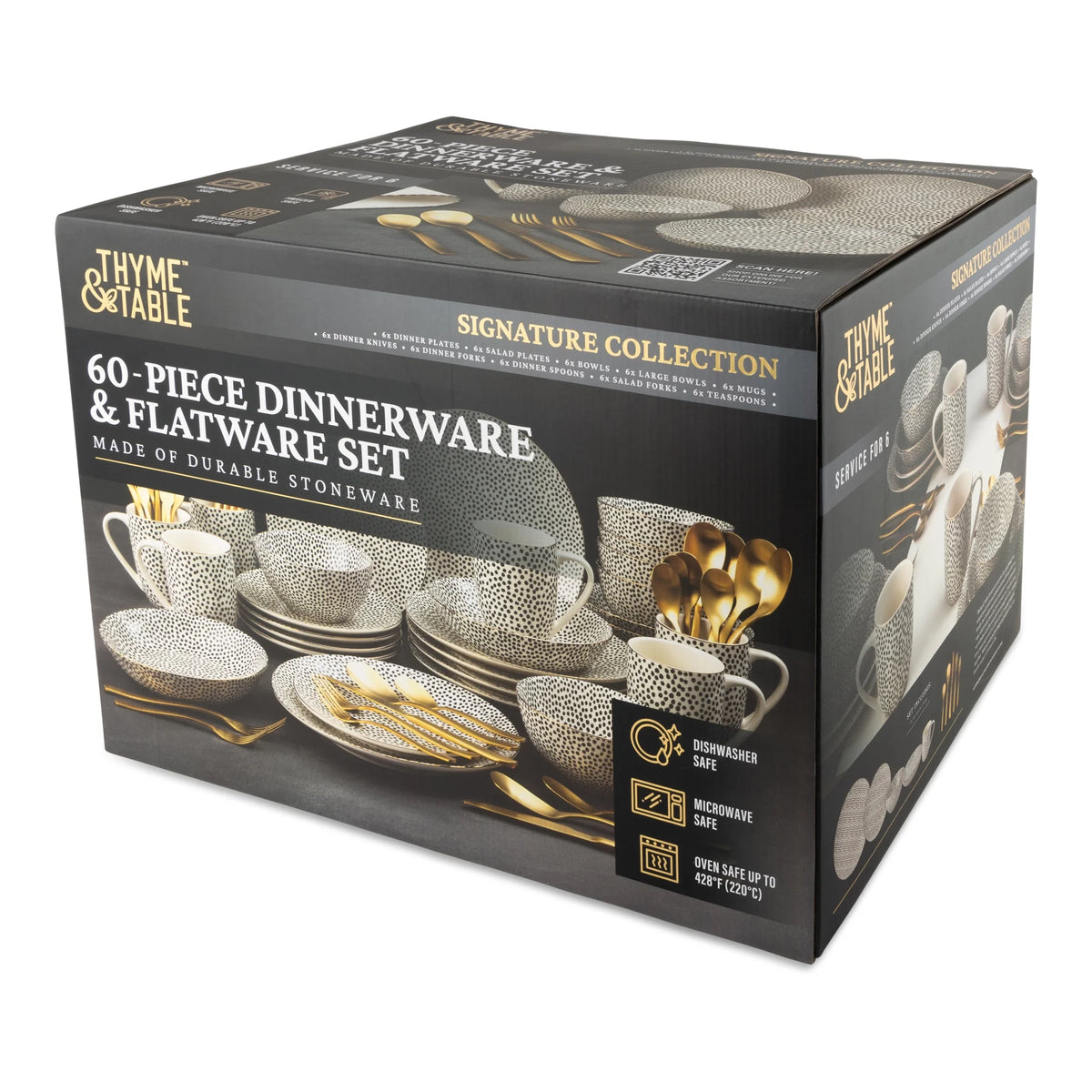 Thyme & Table 60-Piece Dot Dinnerware & Gold Flatware Set, Service for 6