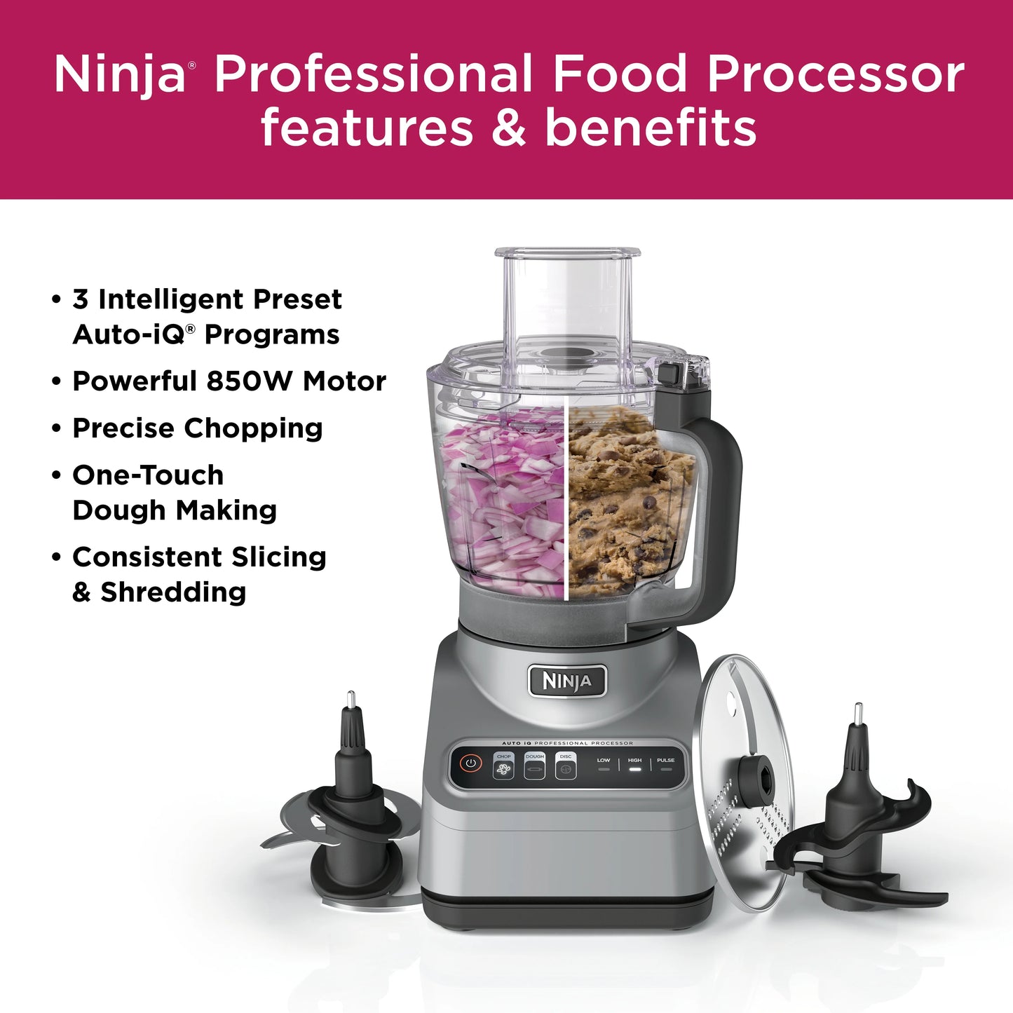 Ninja Professional 9 Cup Food Processor, 850 Watts, Auto-iQ 3 Presets, Chop, Dough, Slice, Shred, BN600 Silver