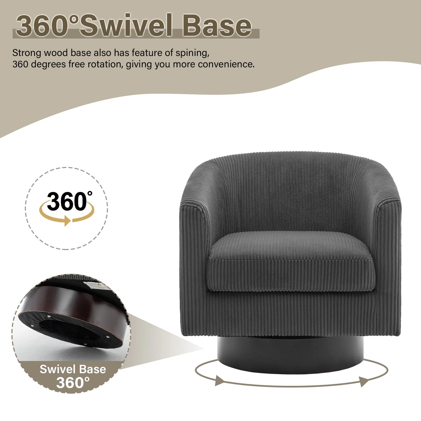 UIXE Swivel Accent Chair, Upholstered Fabric Barrel Chair for Living Room, Small Single Sofa Bedroom Reading Seat, Light Gray