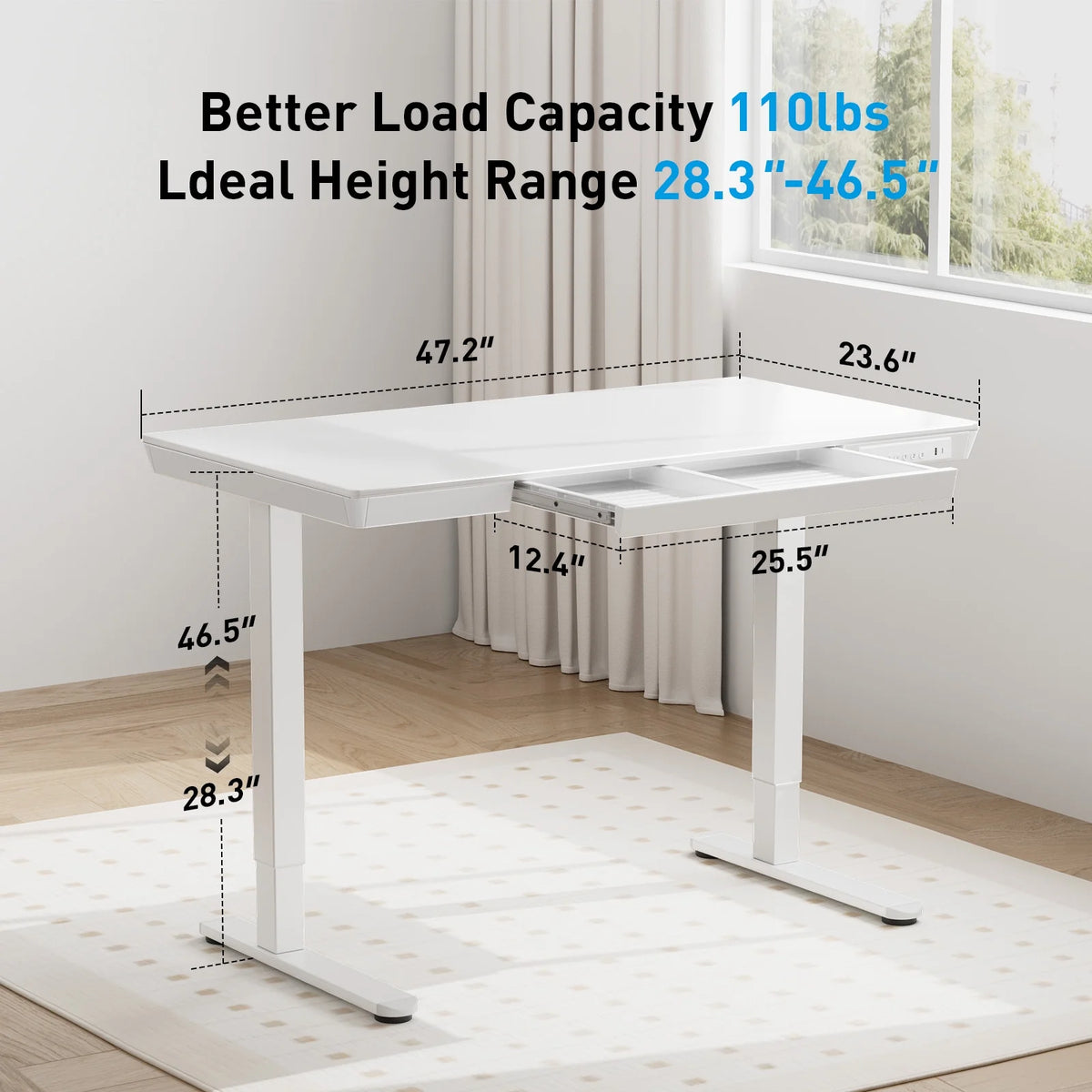 CHITOOMA Glass Top Electric Standing Desk with Drawer, 48'' x 24'' Electric Height Adjustable Desk with USB Charging Ports, Sit Stand up for Home Office