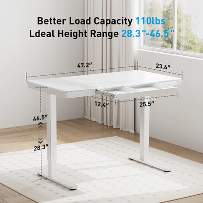 CHITOOMA Glass Top Electric Standing Desk with Drawer, 48'' x 24'' Electric Height Adjustable Desk with USB Charging Ports, Sit Stand up for Home Office