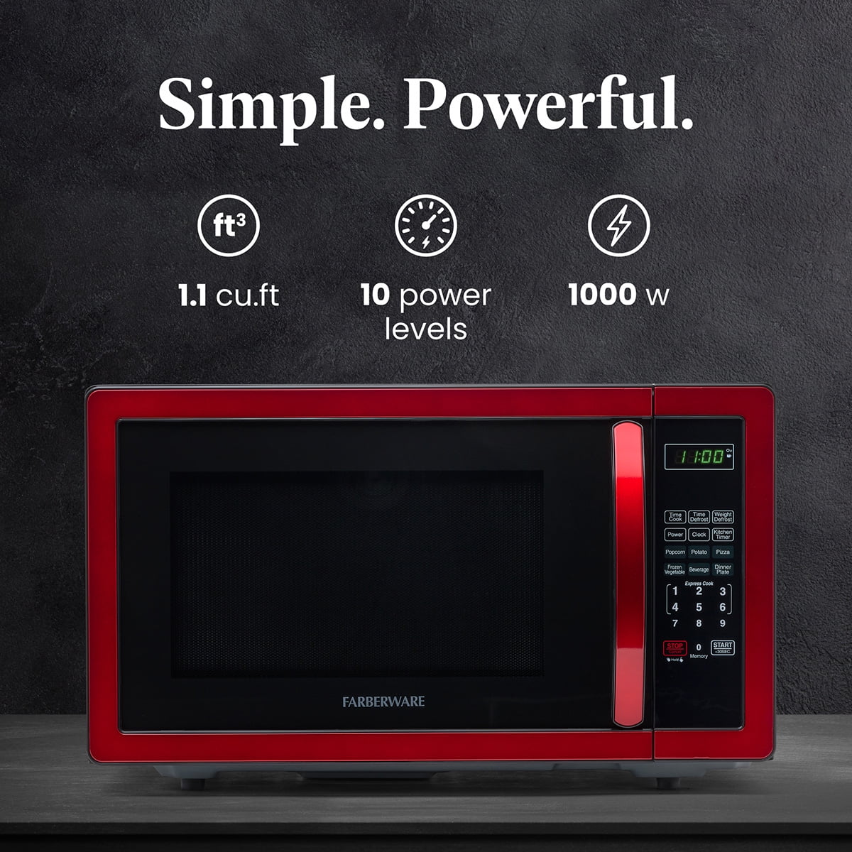 Farberware Stainless Steel Countertop Microwave Oven with Child Lock, 1.1 Cu Ft Black Stainless