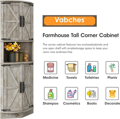Vabches Farmhouse 64.8'' Tall Corner Cabinet with 4 Doors and 5 Storage Shelves for Kitchen, Living Room, White