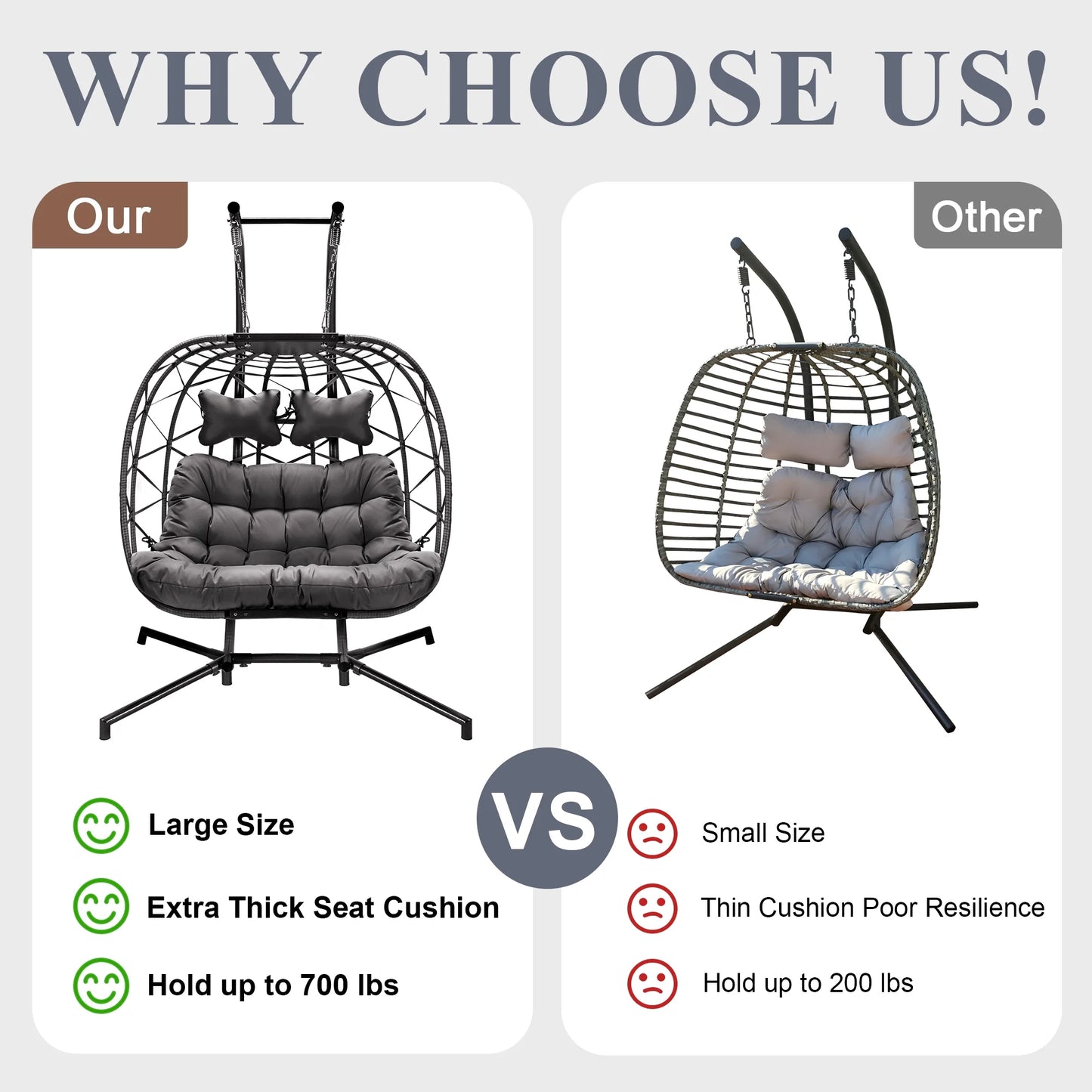 RADIATA Double Wicker Egg Swing Chair with Stand, 2-Person Hanging Egg Chair for Indoor/Outdoor, 700lbs Capacity, Thick Cushions & Headrest,Sturdy Metal Frame��Dark Gray