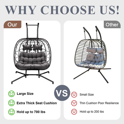RADIATA Double Wicker Egg Swing Chair with Stand, 2-Person Hanging Egg Chair for Indoor/Outdoor, 700lbs Capacity, Thick Cushions & Headrest,Sturdy Metal Frame��Dark Gray