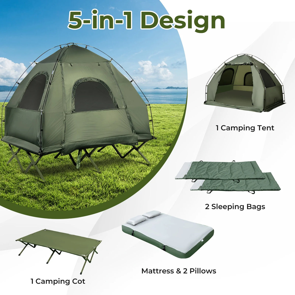 Patiojoy Folding 2-Person Camping Tent Cot Portable Pop-Up Tent with Sleeping Bag&Air Mattress for Outdoor Activity