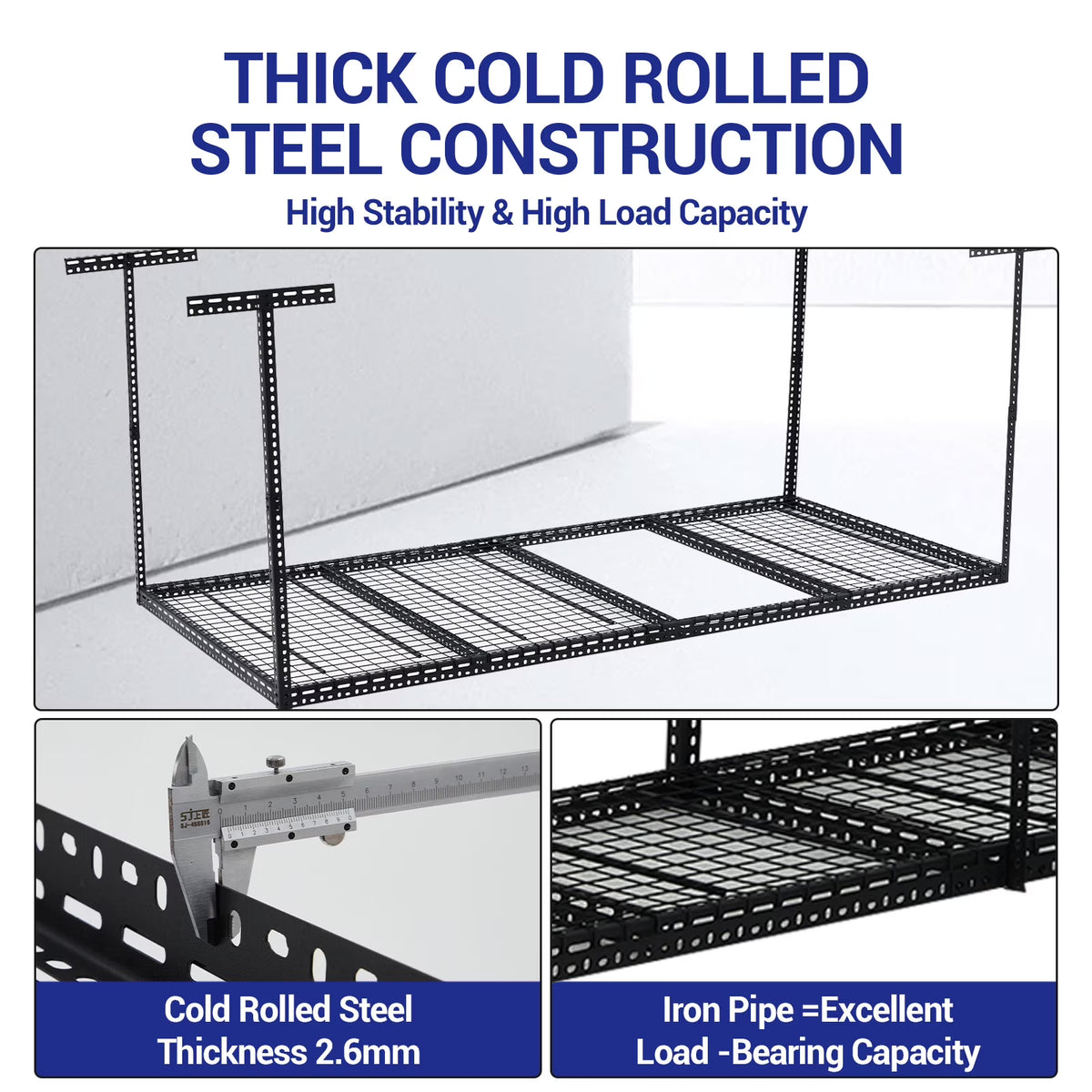 Overhead Garage Storage Rack - Heavy Duty 300kg Capacity, Adjustable 56-100cm Height, 180x120cm Black Steel Shelving with Hooks for Garage Organization