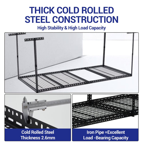 Overhead Garage Storage Rack - Heavy Duty 300kg Capacity, Adjustable 56-100cm Height, 180x120cm Black Steel Shelving with Hooks for Garage Organization