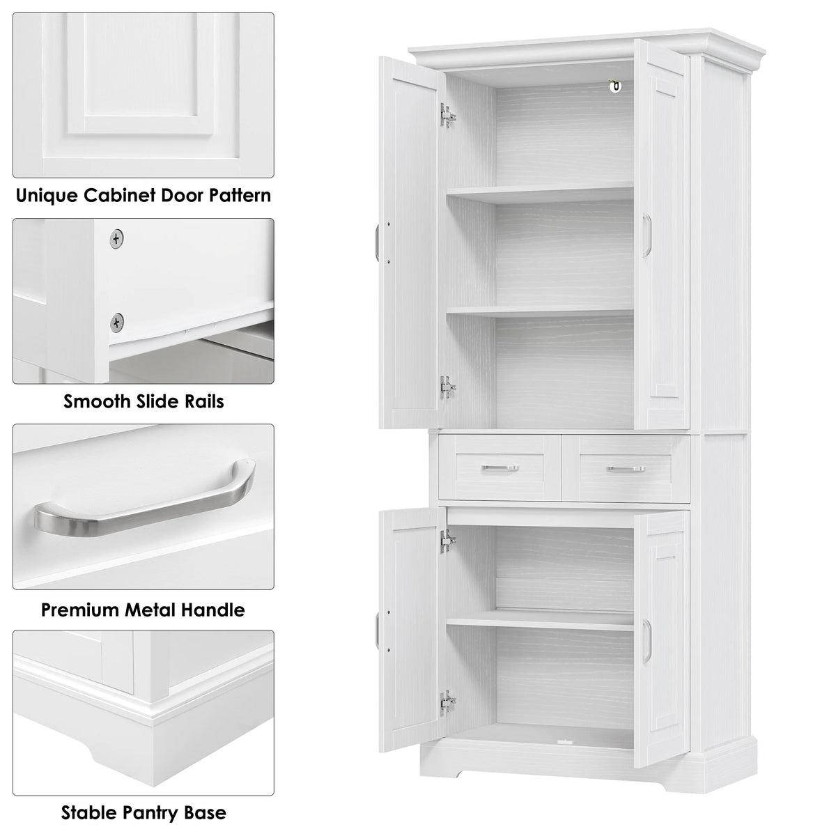 Homfa 70.9'' Tall Kitchen Pantry with 4 Doors, 2 Drawer Modern Freestanding Storage Cabinet for Dining Room Living Room, White