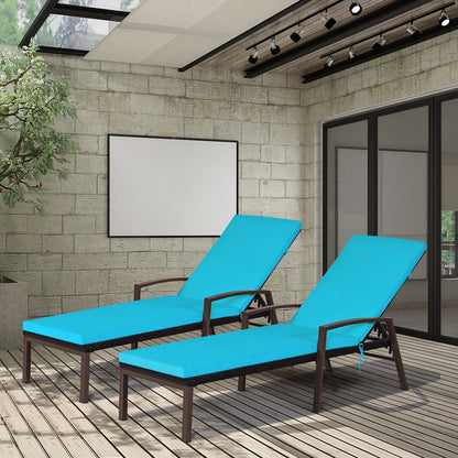 Costway 2PCS Patio Rattan Lounge Chair Chaise Recliner Back Adjustable Cushioned Red
