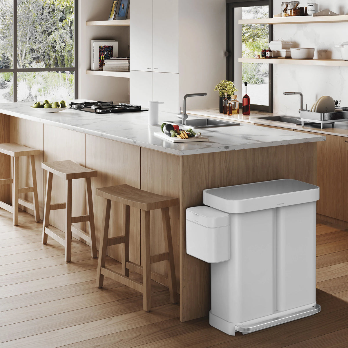 simplehuman 58 Liter / 15.3 Gallon Rectangular Dual Compartment Recycling Step, Brushed Stainless Steel with Soft-Close Plastic Lid Kitchen Trash Can