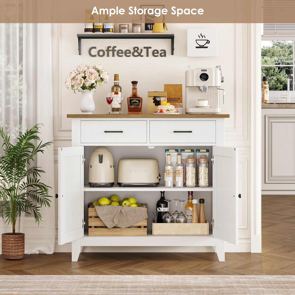 Homfa Entryway Cabinet, Kitchen Storage Cabinet, Farmhouse Buffet Sideboard with 2 Drawers and 2 Doors,Coffee Bar with Storage for Dining Room Living Room,White