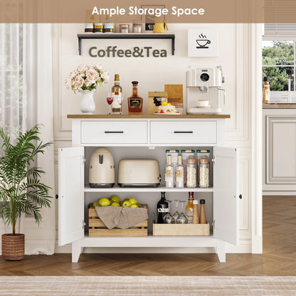 Homfa Entryway Cabinet, Kitchen Storage Cabinet, Farmhouse Buffet Sideboard with 2 Drawers and 2 Doors,Coffee Bar with Storage for Dining Room Living Room,White