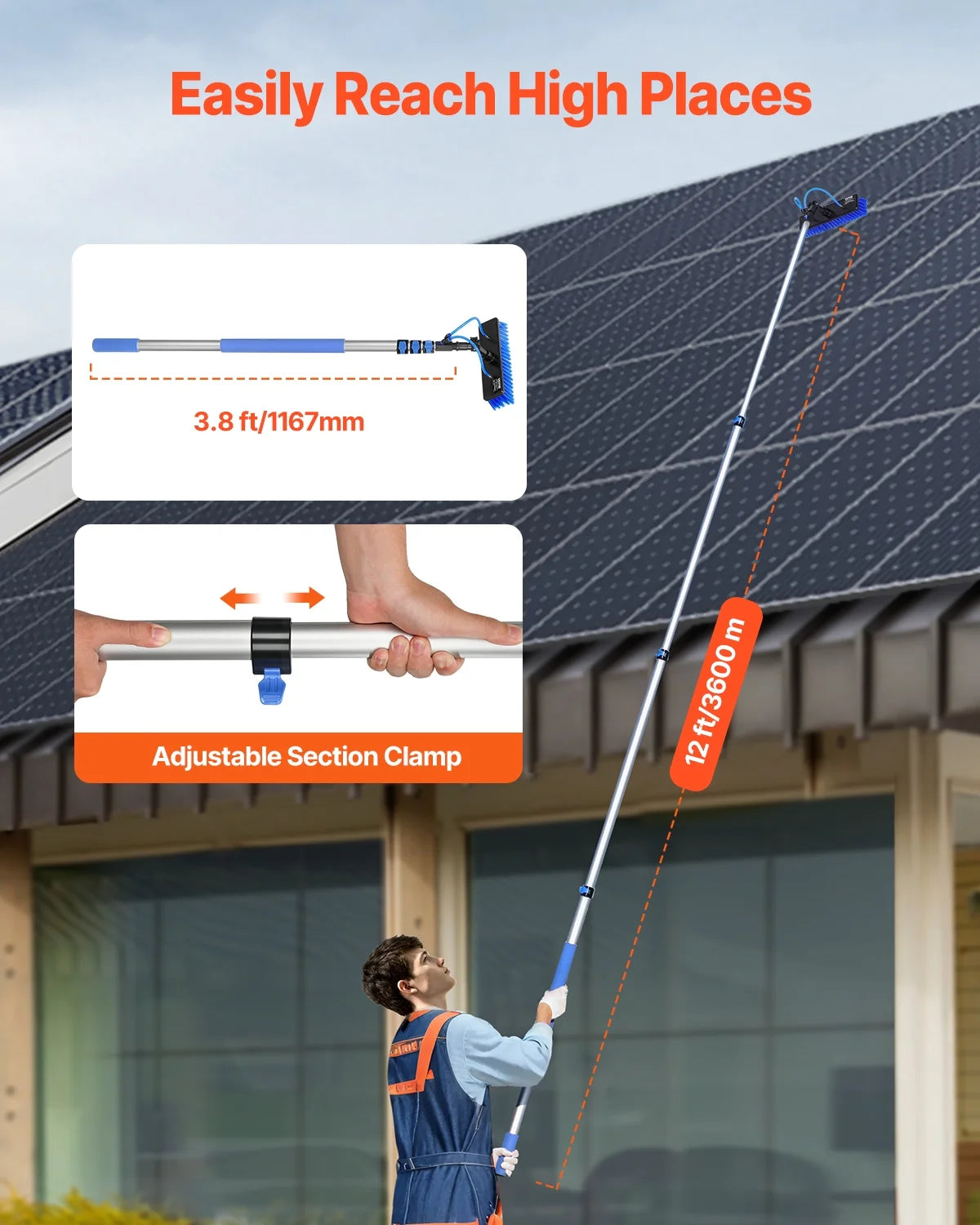 VEVOR Water Fed Pole Kit, 12FT Solar Panel Cleaning Pole with Extendable Handle, 180�� Rotatable Brush Head & 65.6FT Hose, Household & Outdoor Window Cleaner Tool for Caravan Solar Panel Deck