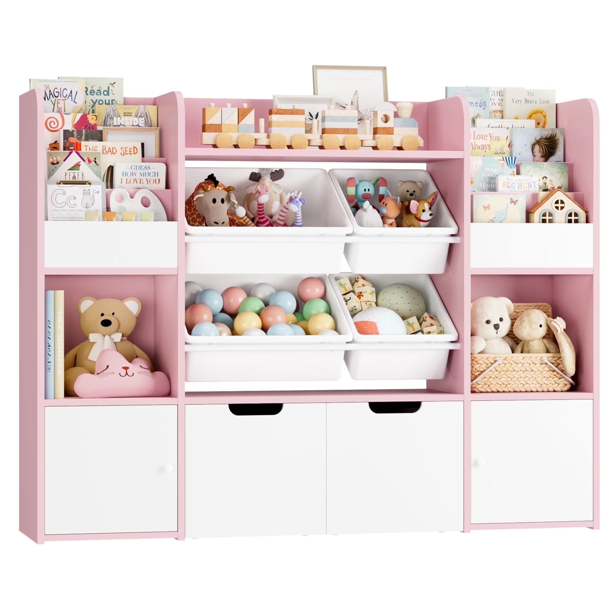 Hiphuta Kids Bookcase Toy Storage Organizer, Wooden Toy Organizer of 4 Bins& 2 Removable Drawers for Home Bedroom, Kids Bookshelf Toy Box with Book Rack, White