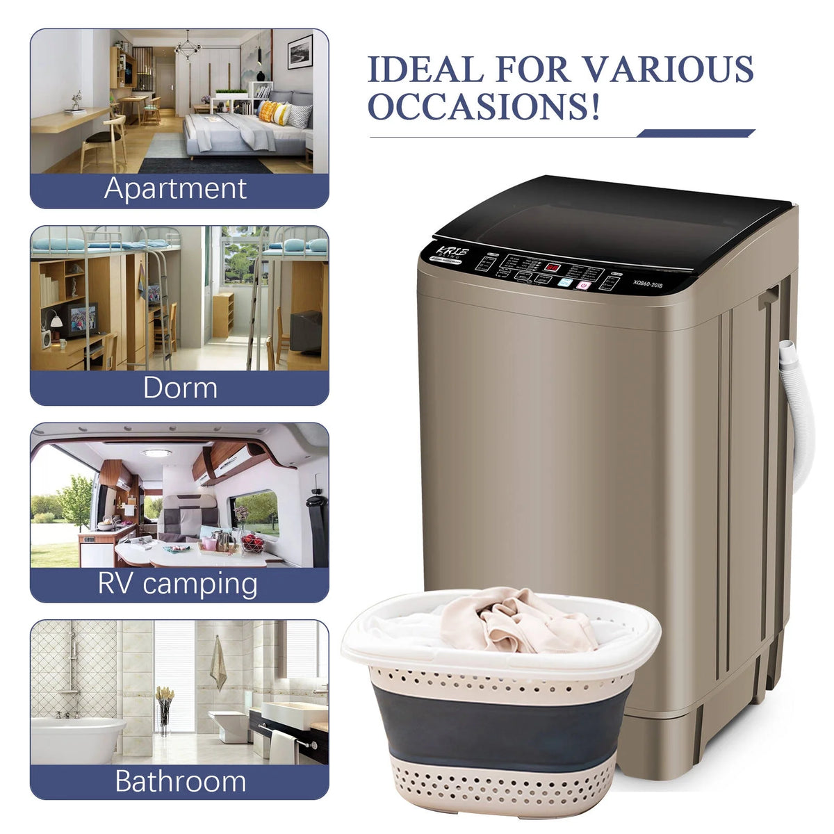 Krib B Full Automatic Washing Machine with Drain Pipe, 17.7 lbs Portable Washers with 10 Programs & 8 Water Levels, Suitable for Apartment, Dorm, Grey