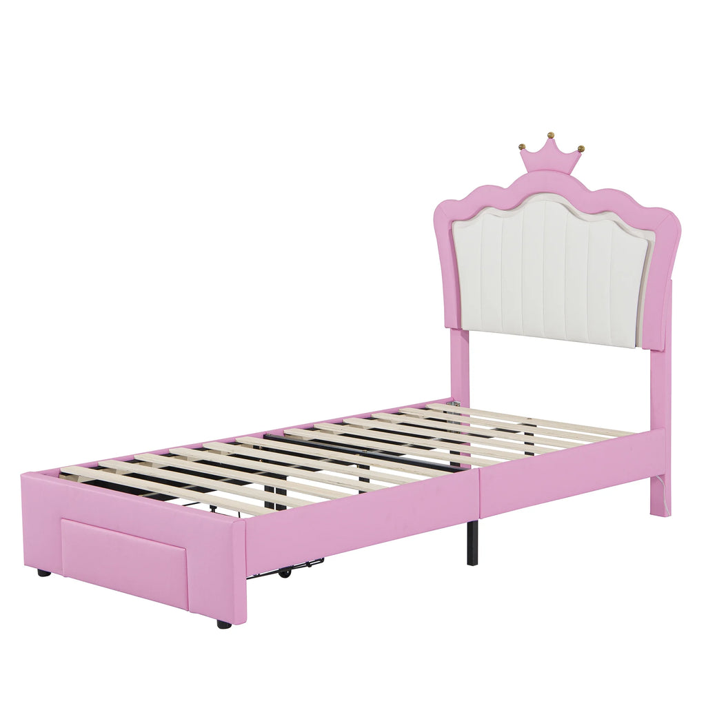 Miniyam Upholstered Twin Size Bed with LED Lights, Crown Headboard for Kids, Pink