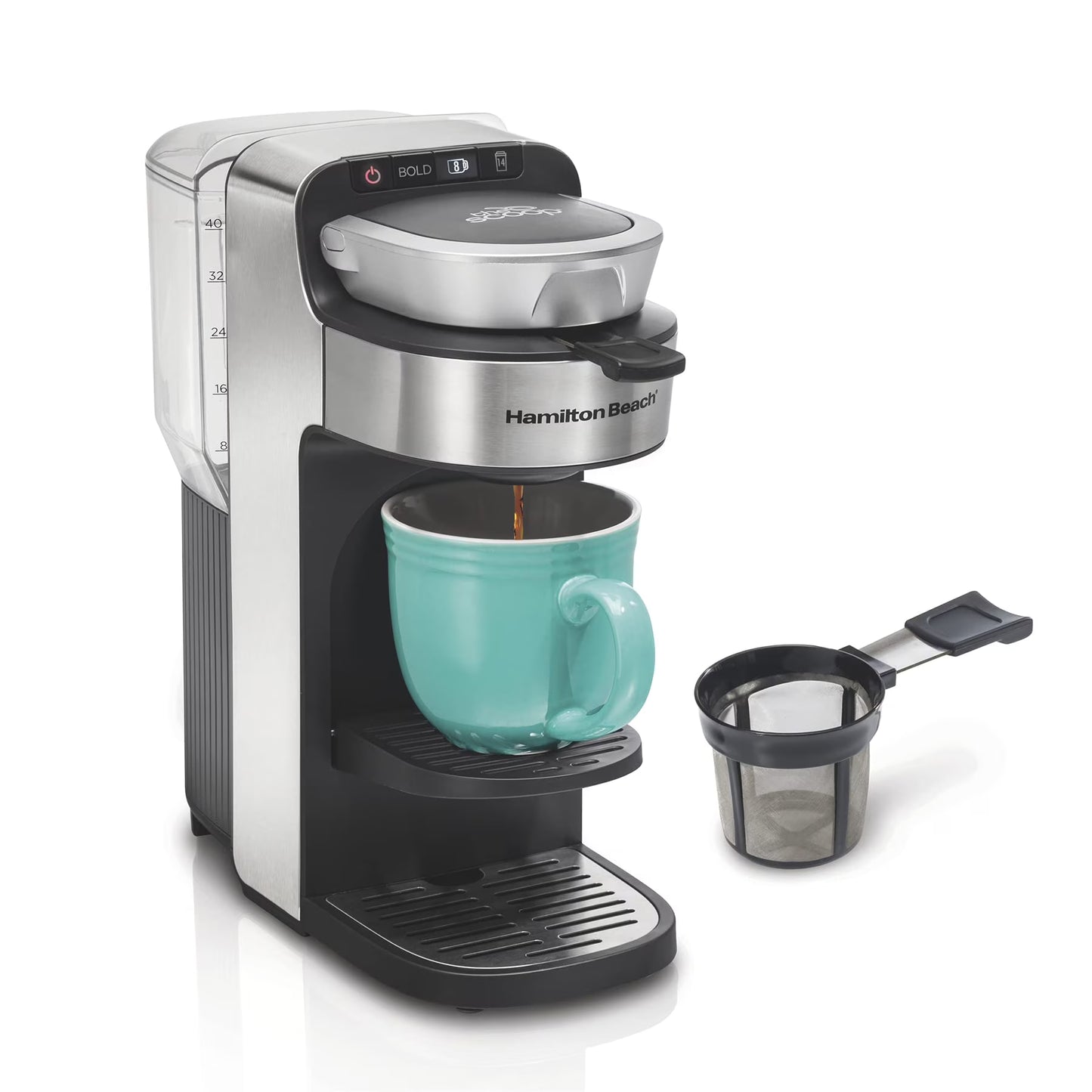 The Scoop Single Serve Coffee Maker & Fast Grounds Brewer for 8-14oz. Cups, Brews in Minutes, 40oz. Removable Reservoir, Stainless Steel (49987),Silver