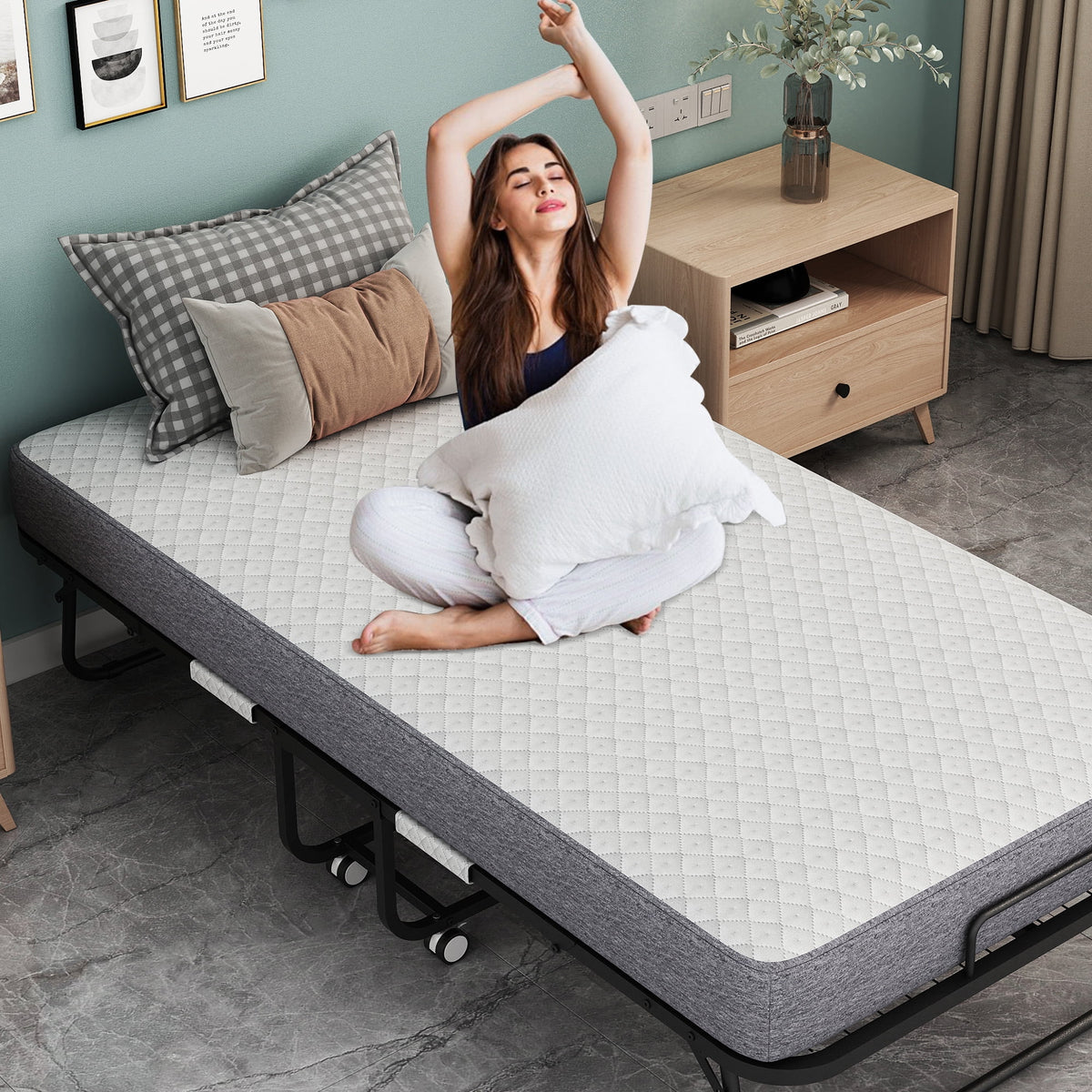 Folding Bed with Mattress 75" x 31" Cot Size Folded Bed, Rollaway Guest Bed Portable Foldable Extra Bed for Adults Daybed with 5" Memory Foam Mattress Space-Saving Sturdy Metal Grid Frame