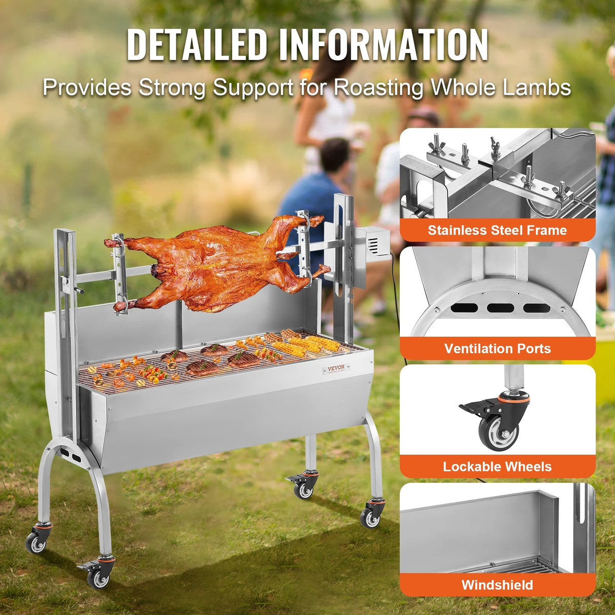VEVOR Rotisserie Grill with Windscreen, BBQ Whole Pig Lamb Goat Charcoal Spit Grill, 46 Inch 132 Lbs Capacity, Electric 52W Motor Stainless Steel Roaster with Lockable Wheels, for Camping Outdoor