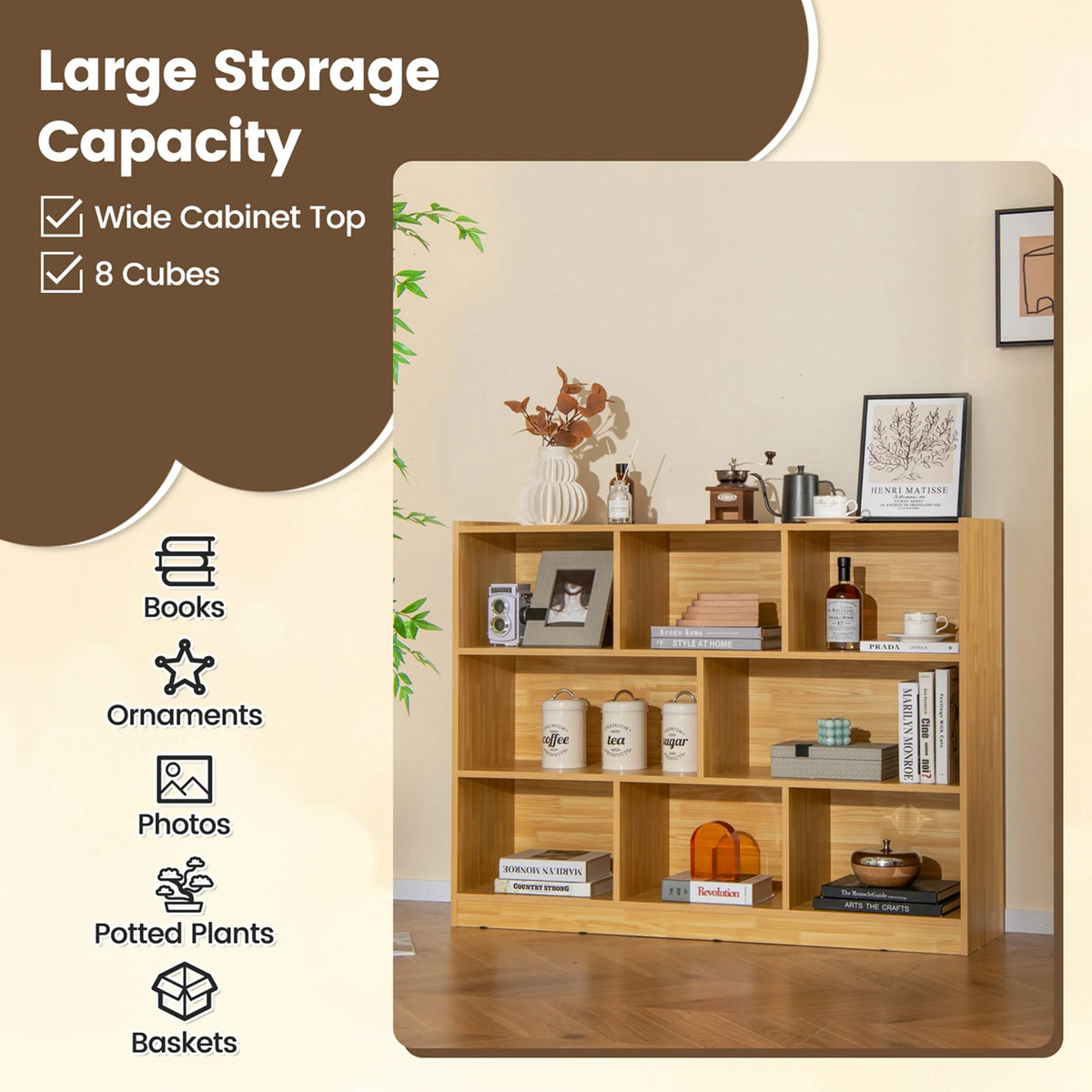 Costway 3-tier Open Bookcase 8-Cube Floor Standing Storage Shelves Display Cabinet White