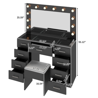 Ktaxon Large Makeup Vanity, Vanity Table Set w/ Visible Glass Top w/ Charging Station, White